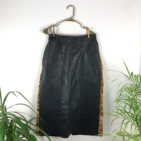 Vintage Leather Skirt w/ Animal Print Trim - Picture 1 of 6